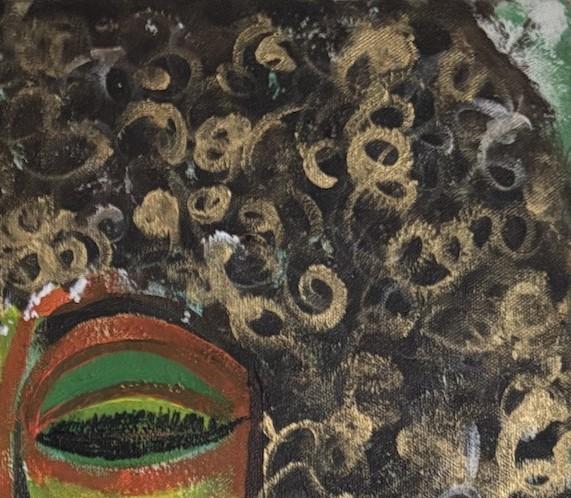 Close view of coiled hair: individual spiral marks drawn in metallic gold over dark brown.