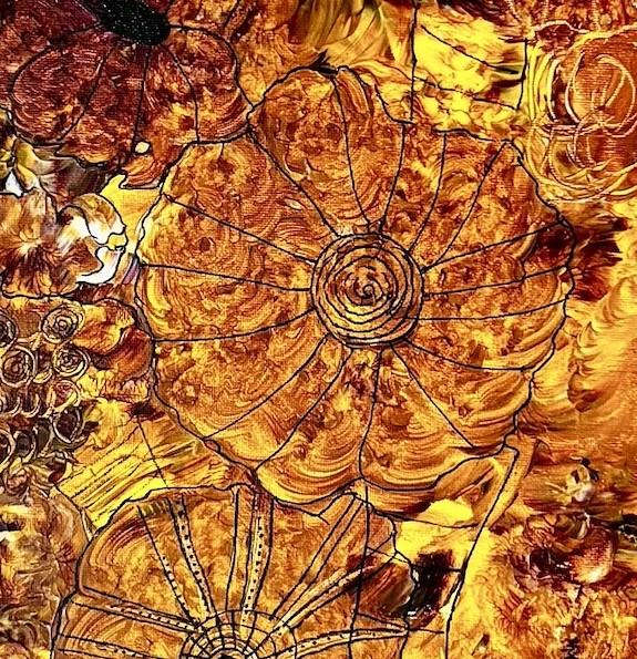 Close view of thick gold impasto with fine black lines drawn over it in radiating and spiralling patterns.