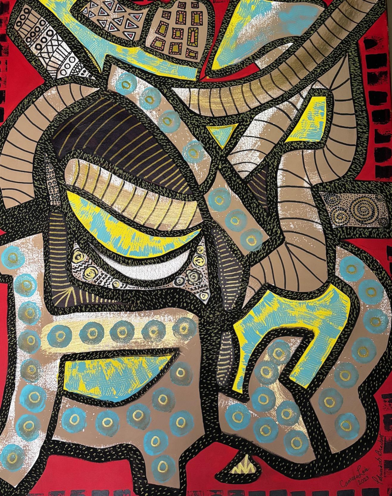 Abstract mixed-media painting on a vivid red ground: interlocking clay, tan and gold shapes bounded by thick stippled black lines, scattered with turquoise dots that each hold a small gold centre, with passages of chartreuse and drawn spirals.