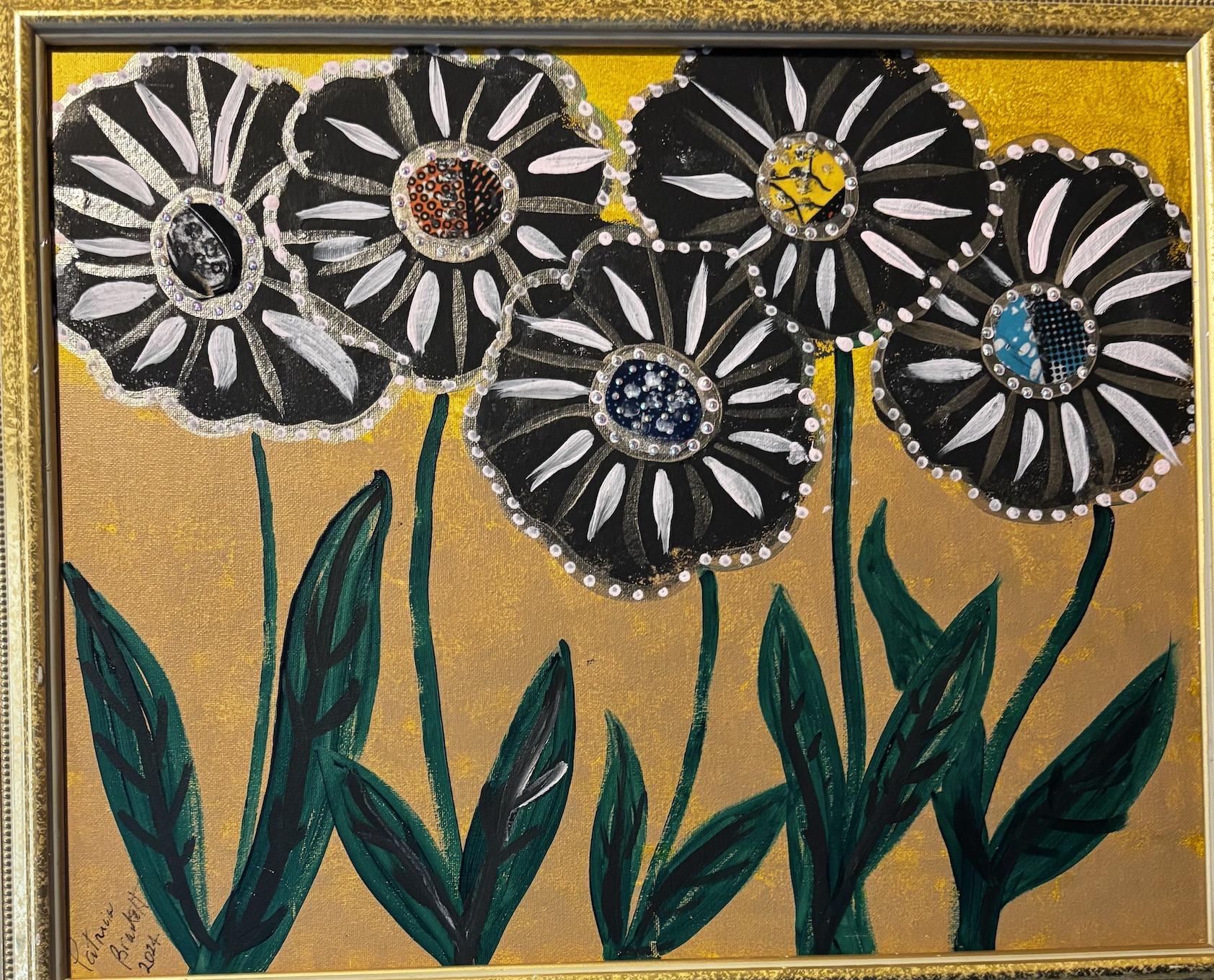 Framed mixed-media painting: six large dark flowers with white petal strokes and pearl-dotted edges rise on deep teal stems from a gold and ochre ground. Each flower centre holds a different pattern — orange dots, blue speckle, yellow and black.