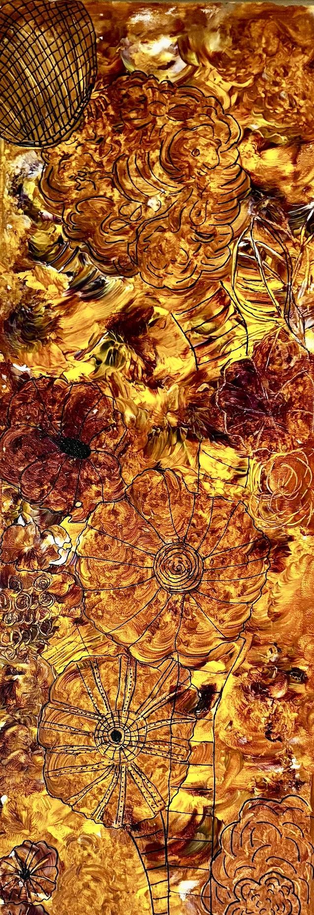 Mixed-media painting worked entirely in metallic gold and amber impasto, with flowers, spirals, mandalas and a crosshatched form drawn into the thick surface in fine black line.