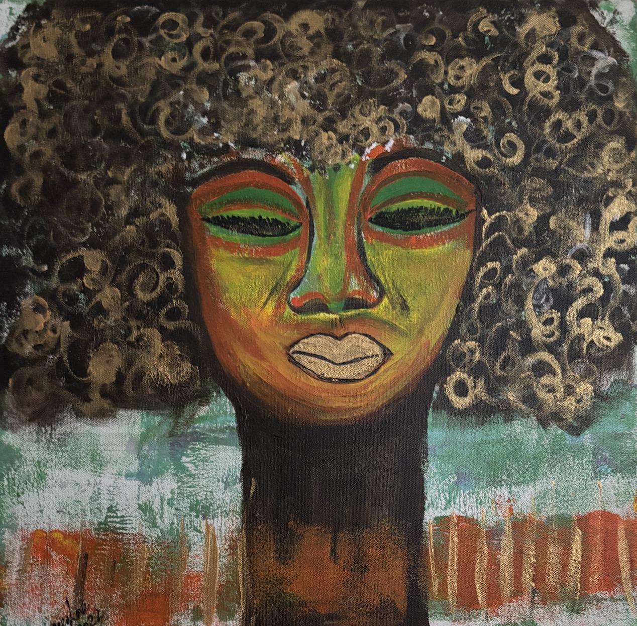 Mixed-media painting of a serene face with closed eyes, painted in green, gold and burnt orange, surrounded by a full crown of dark coils tipped in metallic gold, against a weathered green ground.