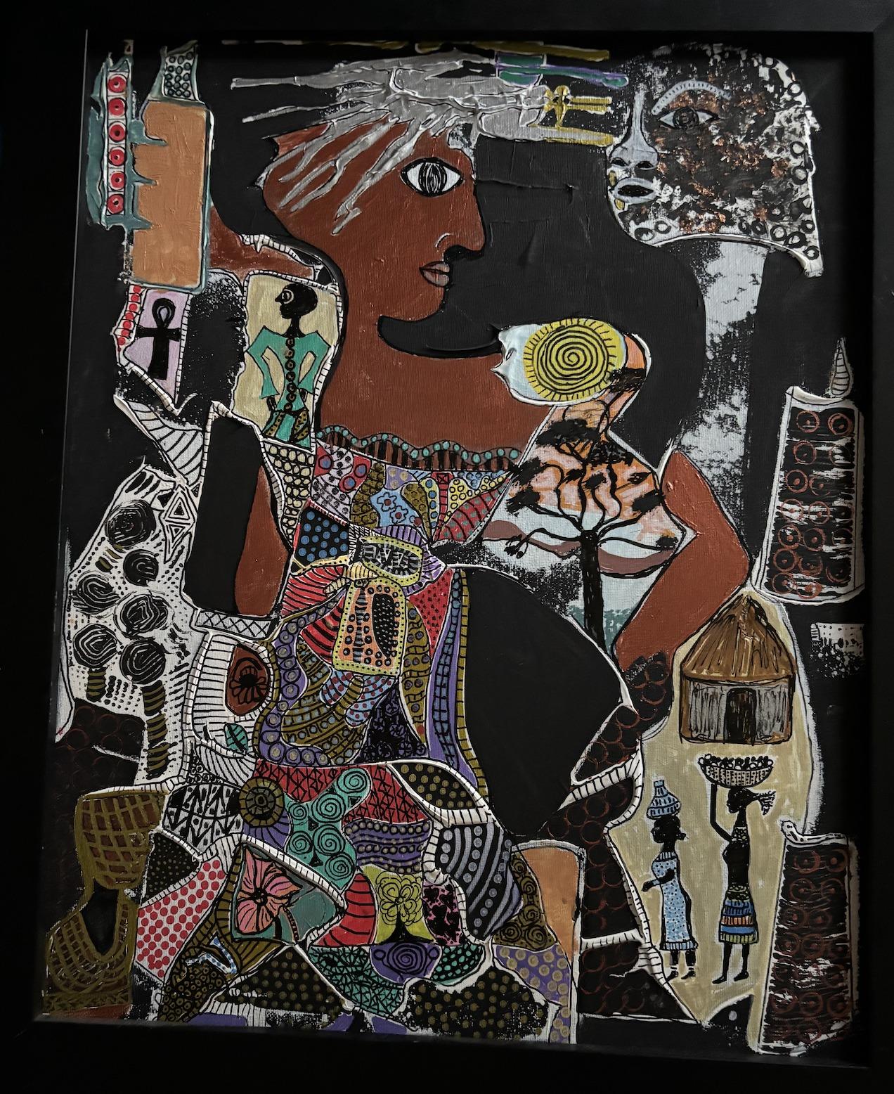 Mixed-media painting on a black ground: a Black woman shown in profile, her garment built from dozens of patterned patches in red, violet, teal and ochre. An ankh appears at her shoulder, and at her side a tree, a thatched dwelling and two women carrying vessels.