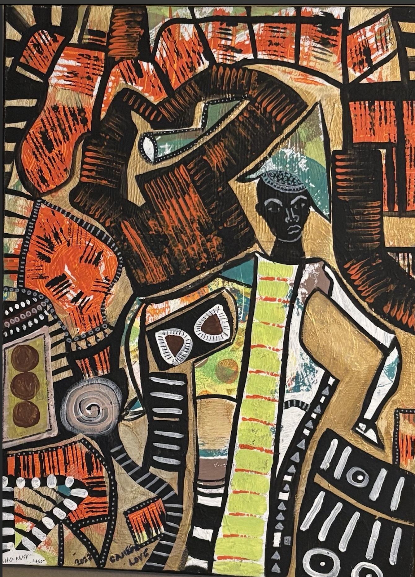 Mixed-media painting titled SHO-NUFF: a dark-skinned figure in a patterned coat stands among interlocking shapes of burnt orange, gold and chartreuse, outlined in thick black line with white dashes and dotted borders.