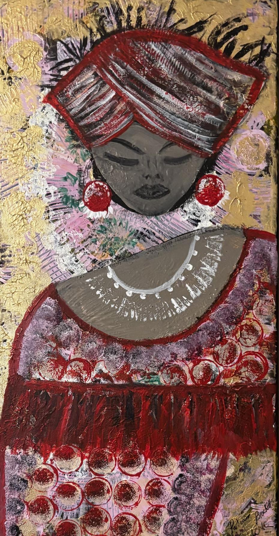 Mixed-media painting of a Black woman with her eyes closed, wearing a deep red and silver headwrap and round red earrings, against a gold-leaf ground. Her robe is patterned with dense red and blush circles.